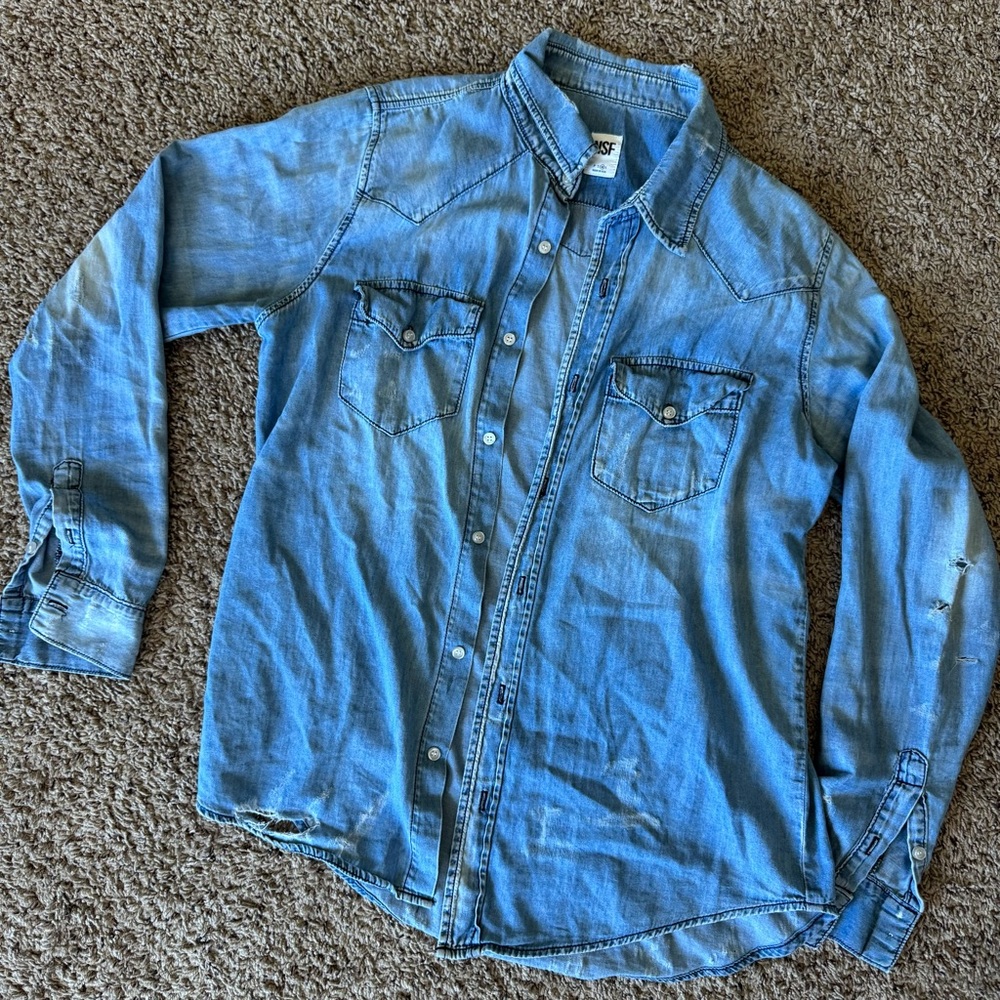 NSF Button Up Chambray Distressed Top Medium